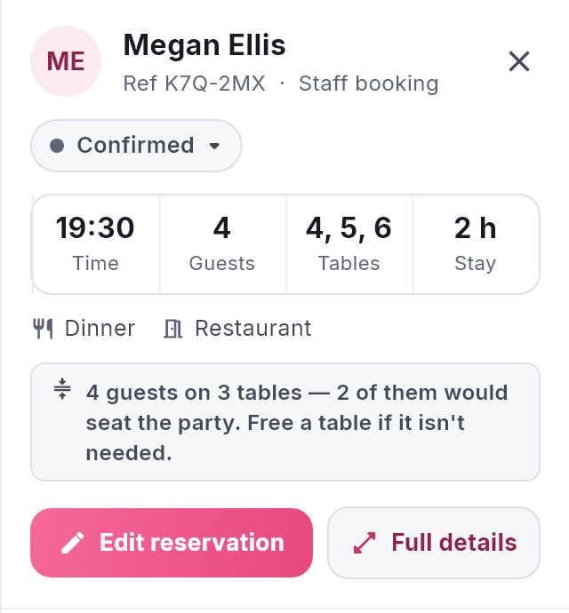 A booking&rsquo;s side panel on tables 4, 5 and 6, with the note 4 guests on 3 tables, 2 of them would seat the party.