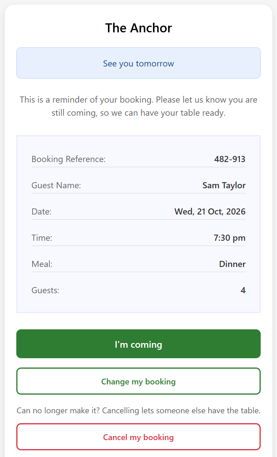 A reminder email headed See you tomorrow, with the booking details and I&rsquo;m coming, Change my booking and Cancel my booking buttons.