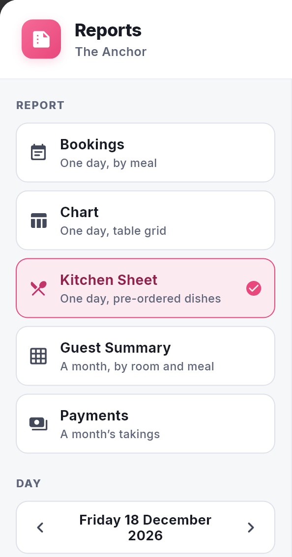 Reports in NomNom Web with Kitchen Sheet (One day, pre-ordered dishes) selected and the day underneath.