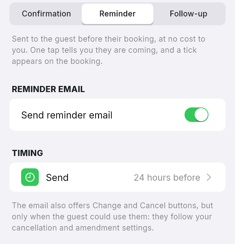 The Reminder tab with Send reminder email switched on and Send set to 24 hours before.