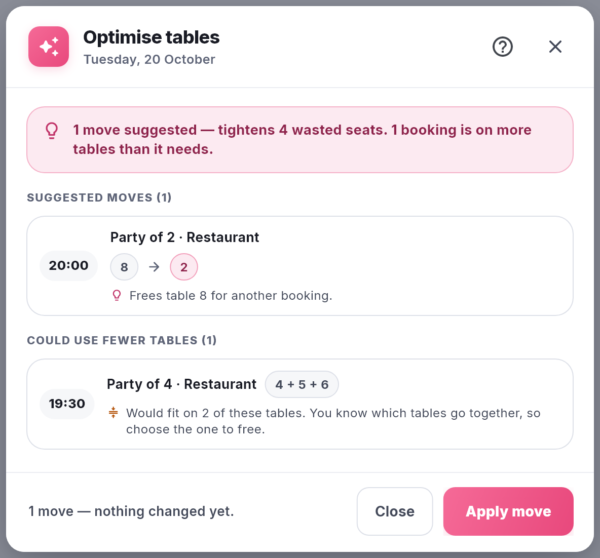 Optimise tables with one suggested move and, under COULD USE FEWER TABLES, a party of 4 on tables 4 + 5 + 6 that would fit on 2 of them.