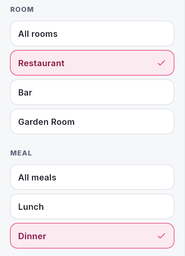 The ROOM and MEAL choices for the chart, with Restaurant and Dinner picked.