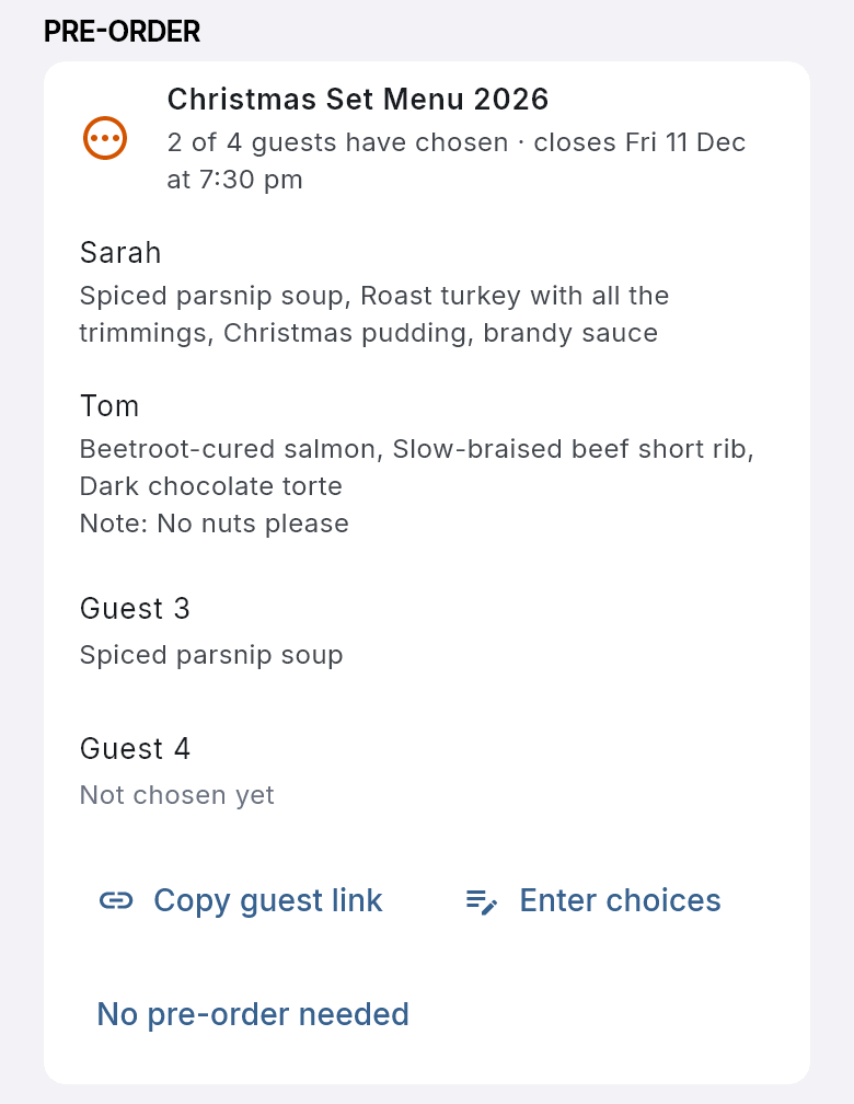 The PRE-ORDER section of a booking: 2 of 4 guests have chosen, each guest&rsquo;s dishes, Guest 4 not chosen yet, and Copy guest link, Enter choices and No pre-order needed.