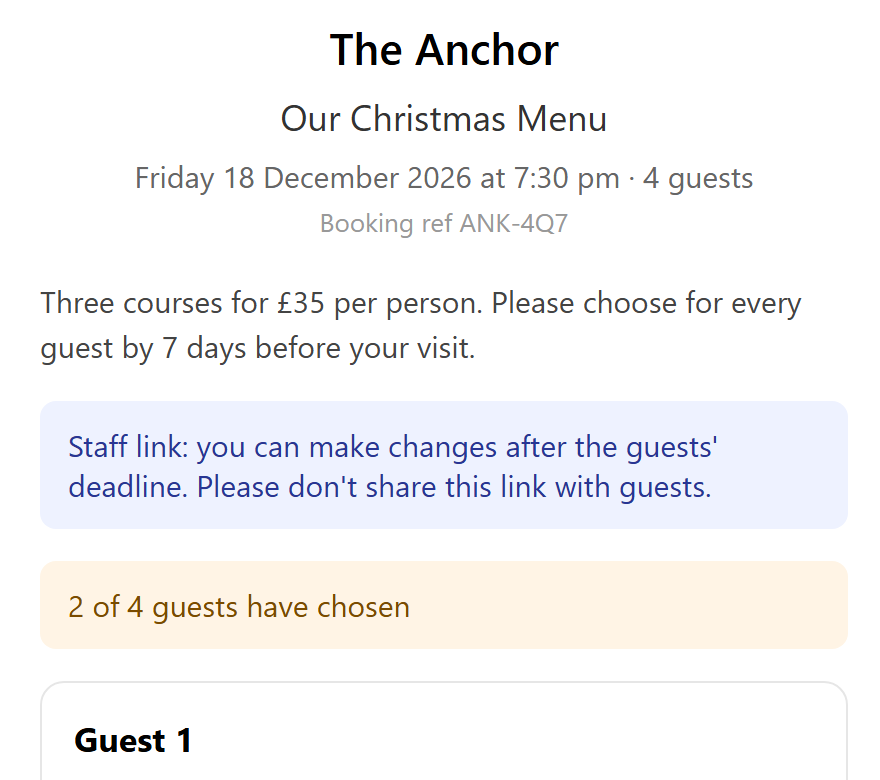 The staff version of the pre-order page, with a note that the staff link can make changes after the guests&rsquo; deadline and should not be shared with guests.