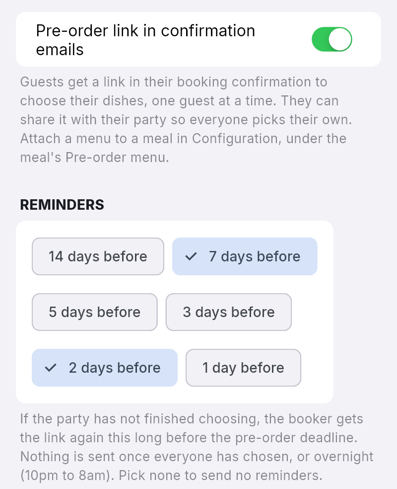 The Pre-order link in confirmation emails switch turned on, and REMINDERS with 7 days before and 2 days before ticked.