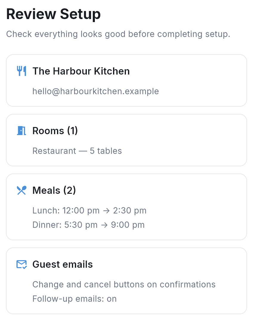 The Review Setup step of signup, listing the venue, its rooms and tables, its meals and times, and its guest email settings.