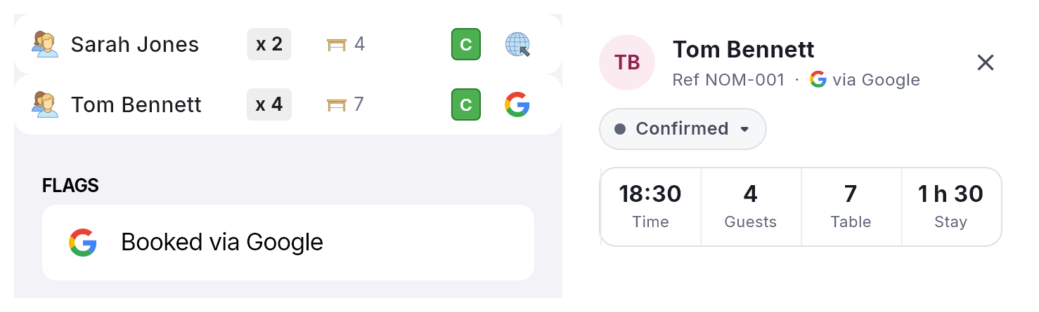 In the phone app a Google booking shows the G in place of the globe and a Booked via Google flag. Its booking panel reads via Google beside the reference.