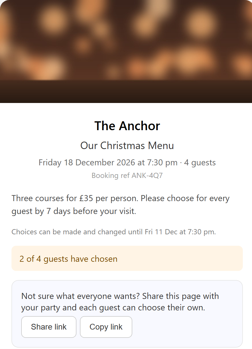 A party&rsquo;s pre-order page for a Christmas menu: the booking, the deadline, 2 of 4 guests have chosen, and Share link and Copy link buttons.