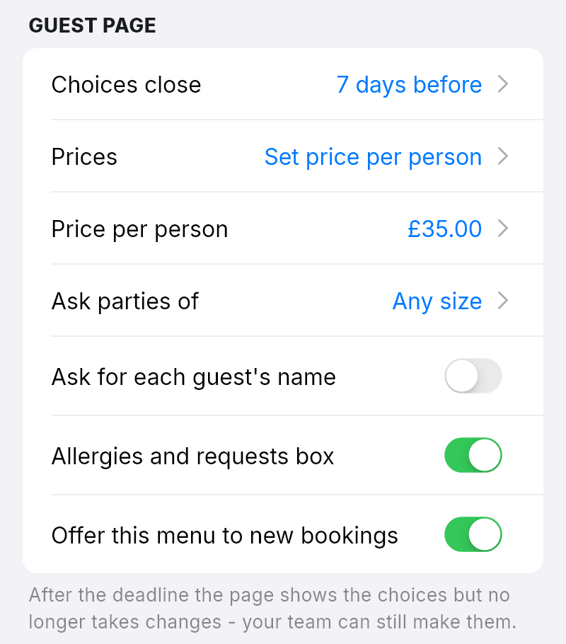 The GUEST PAGE settings of a pre-order menu: choices close 7 days before, a set price of &pound;35.00 per person for any size of party, and the allergies box and Offer this menu to new bookings switched on.