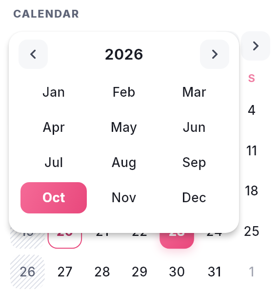The month picker open over the calendar, showing the months of 2026 with October highlighted.