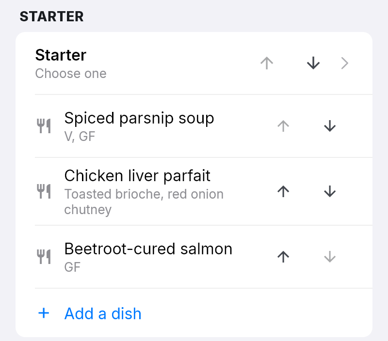 A Starter course set to Choose one, with three dishes, arrows to move each one up or down, and Add a dish.