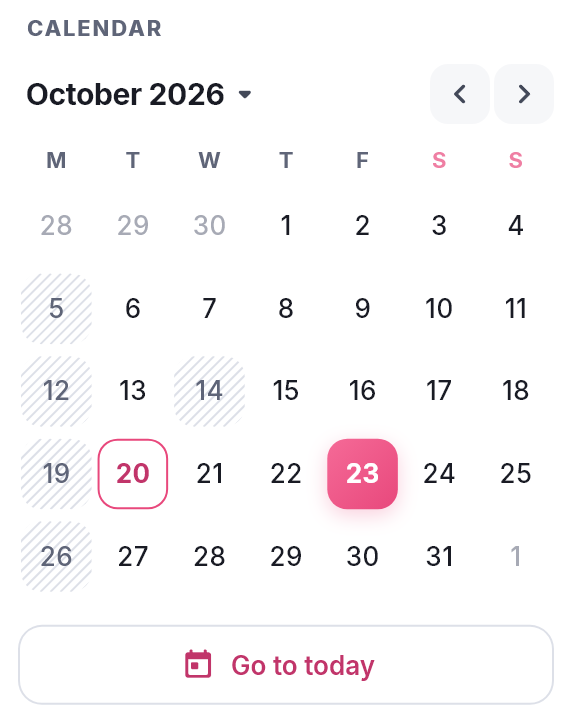 The calendar in the left-hand bar showing October 2026, with the day being viewed filled in pink, today outlined in pink, and a Go to today button.