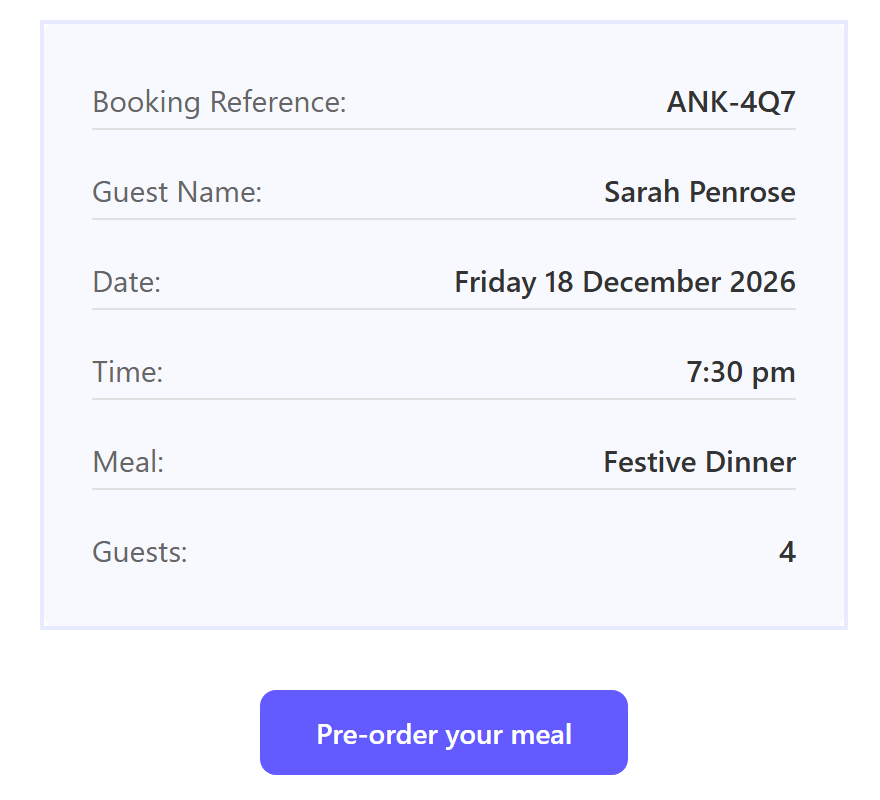 The booking details in a confirmation email, with a Pre-order your meal button underneath.