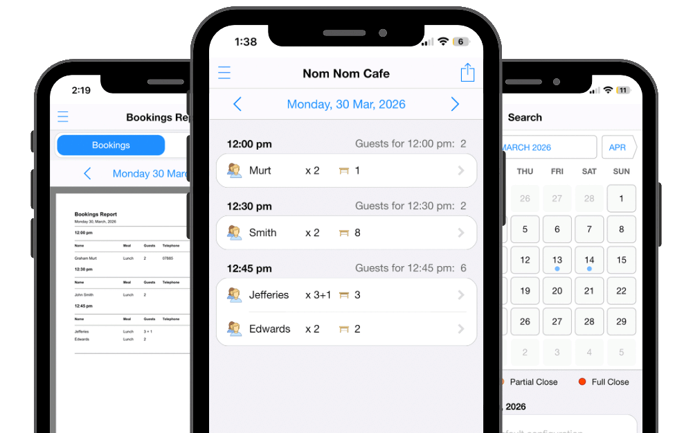 NomNom on iPhone — bookings list, daily reports, and calendar view